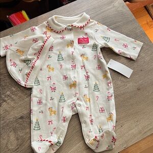 Little Me Festive Cream One Piece with Holiday Print